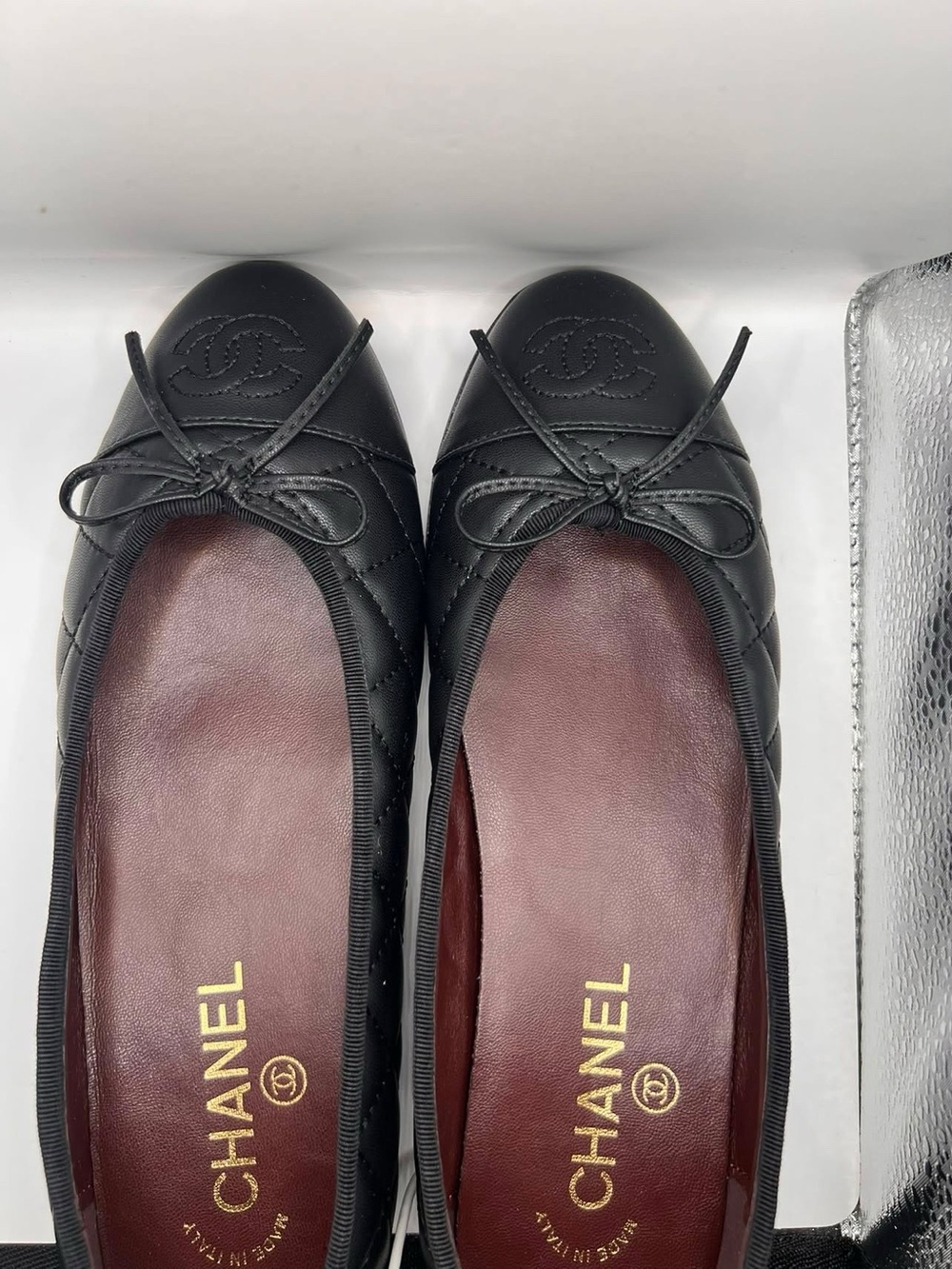 CHANEL Black Quilted Ballet Flats with Bow and CC Logo